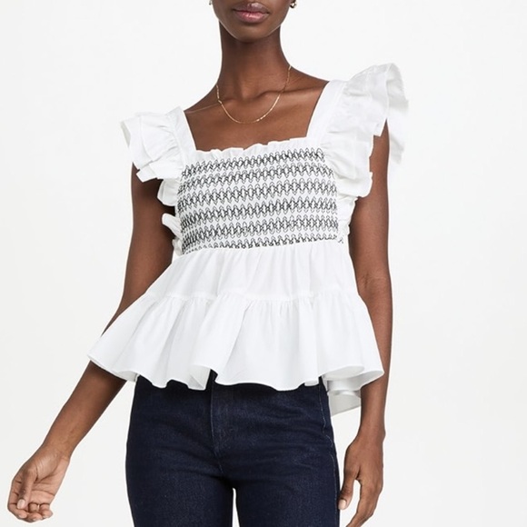 En Saison smocked shay top ruffles tiered flutter poplin square neck babydoll - Picture 1 of 12